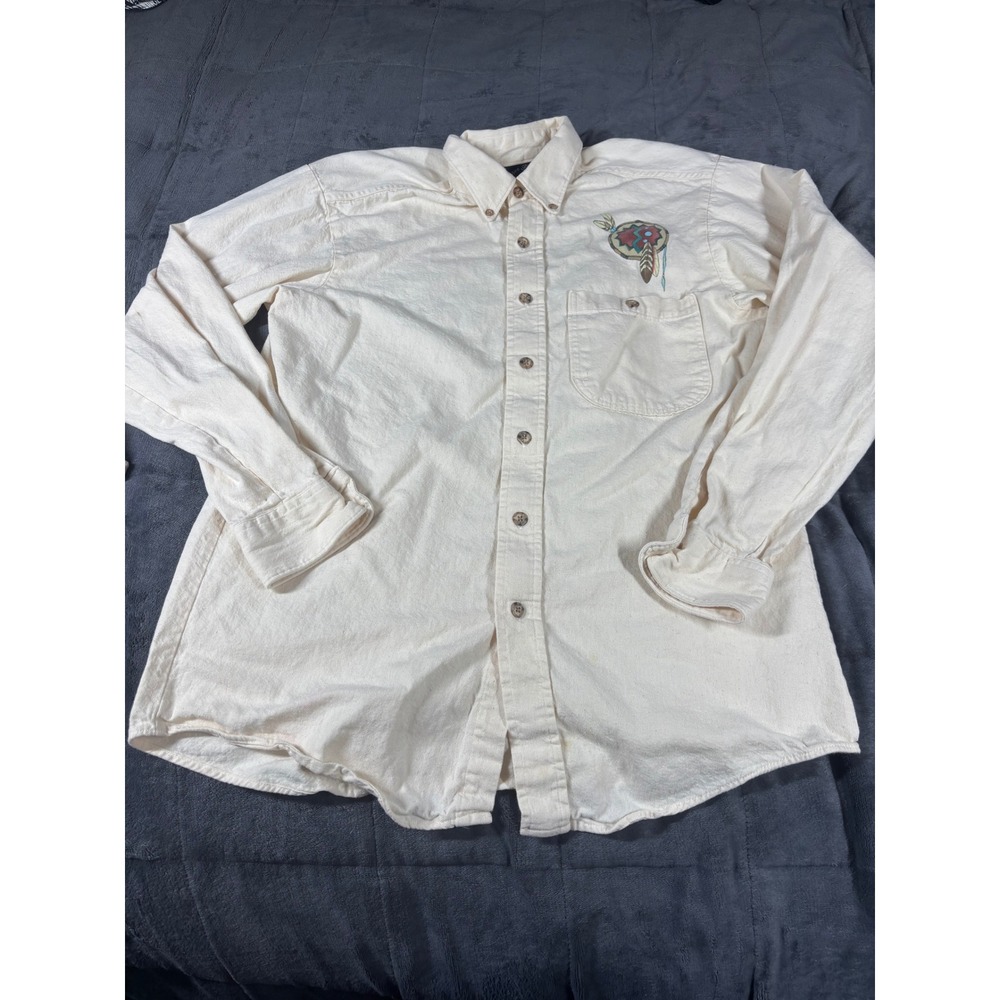 Three Rivers Mens Small Cream Cotton Button Down Shirt Embroidered Made in USA